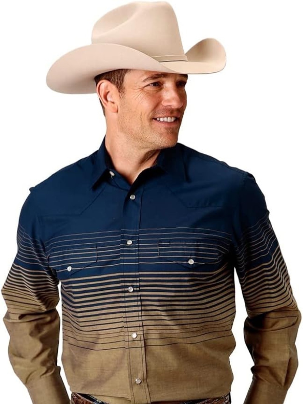 Roper Men’s Two-Tone Navy and Brown Striped Western Button-Up Shirt L